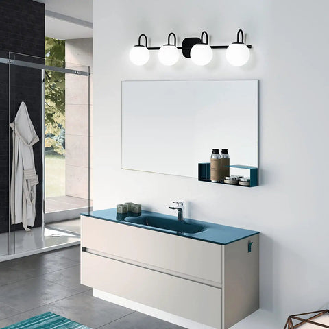 Black Mid Century Vanity Lights With Milk White Glass Globes, 4 Light Wall Sconce Bar For Over Mirror, Bathroom Setting