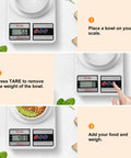 Digital Kitchen Scale With 10Kg Capacity, Stainless Steel Platform, Tare Function, process of weighing meal, white finish