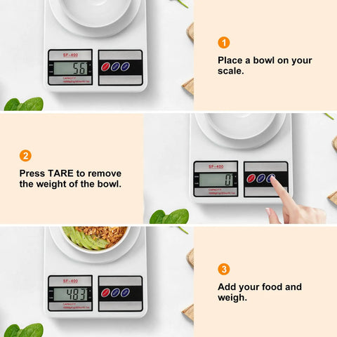 Digital Kitchen Scale With 10Kg Capacity, Stainless Steel Platform, Tare Function, process of weighing meal, white finish