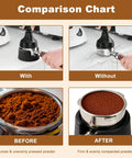Comparison chart showing Heavy Duty Silicone Portafilter Holder Precise Custom Fit Compatible With Ninja ES601 ES701 and Luxe Cafe Espresso Machines.
