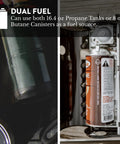 15,000 BTU Dual Fuel Portable Camping Stove For Propane Or Butane showing propane and butane canisters