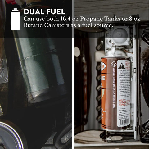 15,000 BTU Dual Fuel Portable Camping Stove For Propane Or Butane showing propane and butane canisters