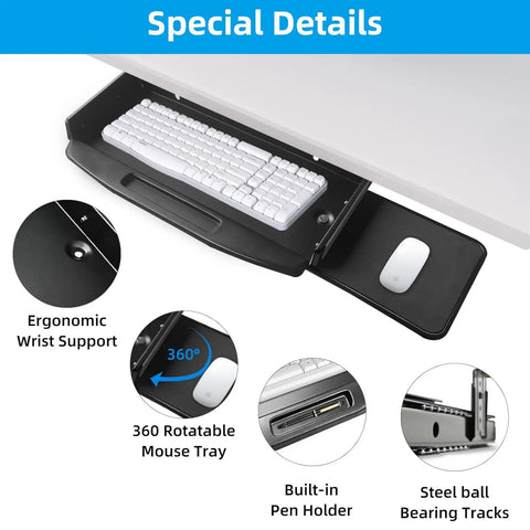 Heavy Duty Under Desk Keyboard Tray With Super Slick Glide Mechanism And 360 Rotating Mouse Platform Built Like A Tank For An Ergonomic Home Office Desk Setup At 28 Inches Long
