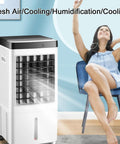 Portable Evaporative Swamp Cooler With Dual Ice Packs And Spacious Ten Liter Water Tank To Slash Utility Costs And Kick Some Summer Heat Leaving You Breezy Indoors Or Outdoors With Gentle Sweep Settings with mist blowing in room.