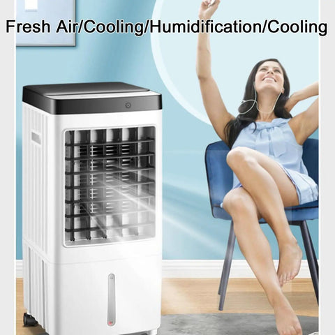 Portable Evaporative Swamp Cooler With Dual Ice Packs And Spacious Ten Liter Water Tank To Slash Utility Costs And Kick Some Summer Heat Leaving You Breezy Indoors Or Outdoors With Gentle Sweep Settings with mist blowing in room.