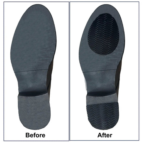 Before and after view of Non Slip Shoe Pads With Strong Adhesive Grips For Heels Silicone Sole Protectors To Shield Toe And Heel Durable Black 6 Pairs For Everyday Wear And Long Lasting Traction on shoe soles.