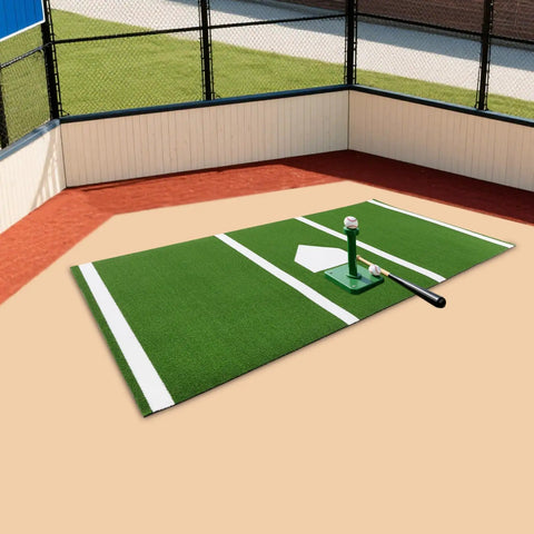 Baseball Hitting Mat 9.8 By 4.9 Feet Pro Grade Durable Batting Cage Turf With Home Plate And White Lines on outdoor field