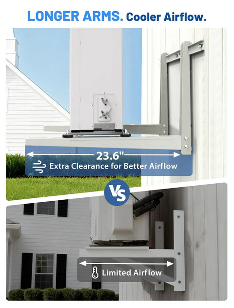 Heavy Duty Mini Split Wall Mount Bracket for Outdoor Units with longer arms for improved airflow comparison