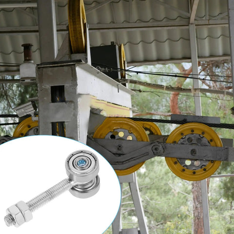 Built Tough Steel Sliding Door Roller Pulley With Double Bearings, 8mm setup, shown with a rugged steel bracket.