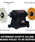 Heavy Lifter Eight Inch Benchtop Buffer Polisher With One Horsepower VFD Variable Speed Motor, showcasing extended polishing shafts.
