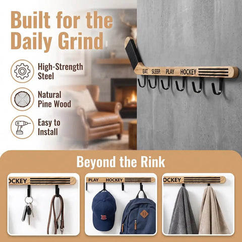Premium Quality Top Tier Solid Wood Hockey Stick Wall Mounted Coat Rack Featuring Six Heavy Duty Hooks with pine wood finish.