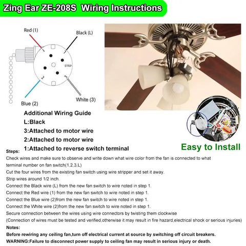 Wiring instructions for Two-Wire Ceiling Fan Light Switch With Pull Chain Easy Install for Ceiling Fans Lamps and Wall Lights ZE-109