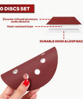 Close-up of a 5 inch sanding disc showing zirconia-infused abrasive and durable hook and loop back for orbital sanders.