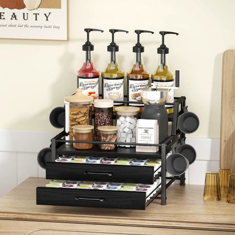 4 Tier Coffee Syrup Rack Organizer With Room For 8 Syrup Bottles And 84 Coffee Pods Perfect Countertop Bar Station Black