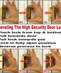 Diagram showing steps to operate Door Reinforcement Lock With 3 Inch Stop For Extra Home Security, Polished Brass Finish