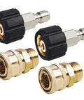 Angled view of two brass pressure-washer quick-connect fittings with black collars; M22 14mm to 3/8" adapters, 2-pack.