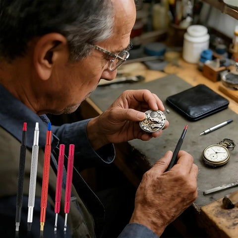 Watchmaker using Pro Grade Watch Hands Repair Tool Kit With Pusher Puller And Hand Setting Levers For Precise Hour Minute Second Hand Installation And Safe Removal On Most Wristwatches.