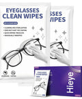 Eyeglasses cleaning wipes; 200-count, individually wrapped lens wipes in white sachets; purple HIEYE box visible.