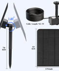 Solar Water Fountain Kit For Bird Bath With Separated Solar Panel 5 Nozzles 9.54ft Cable Pump 2.5W 5V with dimensions