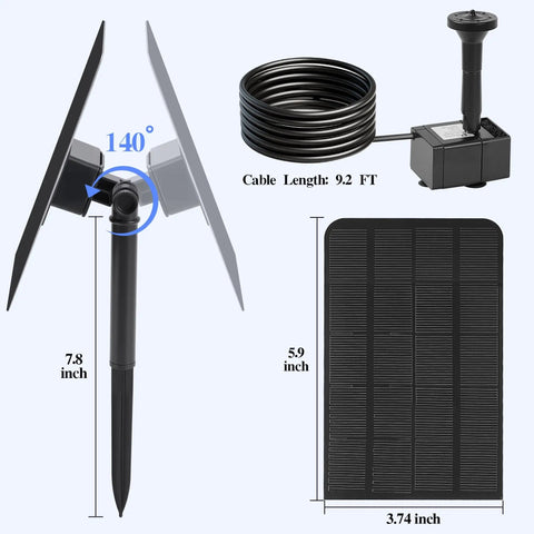 Solar Water Fountain Kit For Bird Bath With Separated Solar Panel 5 Nozzles 9.54ft Cable Pump 2.5W 5V with dimensions
