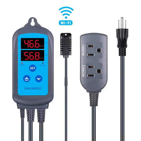 WiFi Temperature Controller ITC-308 with IHC-200 Humidity Controller and outlet, gray color, for mushroom grow rooms and more.