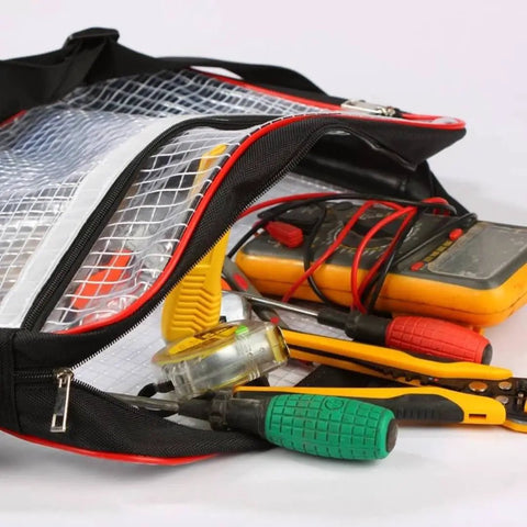 Heavy Duty Antistatic Engineer Storage Bag With Clear Window And Side Zipper For Quick Access Cleanroom Tool Organizer with tools inside.