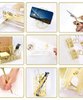 Gold Desk Organizer Set With 13 Pieces Of Office Accessories Including Acrylic Stapler, Tape Dispenser, Scissors in various views