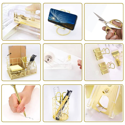Gold Desk Organizer Set With 13 Pieces Of Office Accessories Including Acrylic Stapler, Tape Dispenser, Scissors in various views