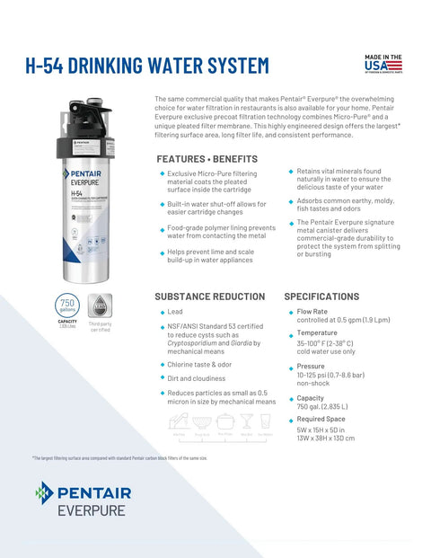 Image of H-54 Quick Change Replacement Cartridge For Home Drinking Water System, NSF Certified, shown with features and specifications.