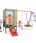 Kids playing on 6 In 1 Backyard Swing Set With Trampoline, Slide, Saucer Swing, Belt Swing, Dartboard, And Basketball Hoop, Heavy Duty A Frame Metal Stand