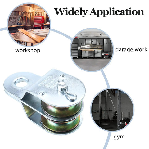 Badass Heavy Duty Two Pack One Point Five Inch Steel Double Pulleys Rated Solid For 400 Lbs Zinc Coated showcasing workshop, garage, and gym applications.
