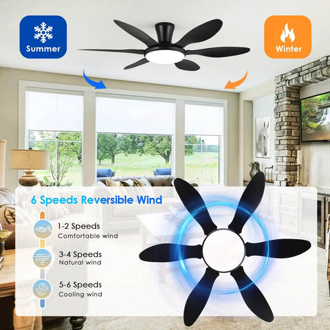 Black ceiling fan with 6 blades and LED light, showcasing 51 Inch Black Modern Ceiling Fan With Lights Remote App Control Quiet DC Motor.