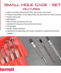 Small Hole Gauge Set With Smooth, Sensitive Adjustments For Accurate Measuring Of Tiny Holes And Slots 0.125-0.500 Inch Range, Case Included, features description and tools in protective case.