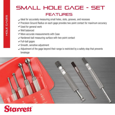 Small Hole Gauge Set With Smooth, Sensitive Adjustments For Accurate Measuring Of Tiny Holes And Slots 0.125-0.500 Inch Range, Case Included, features description and tools in protective case.