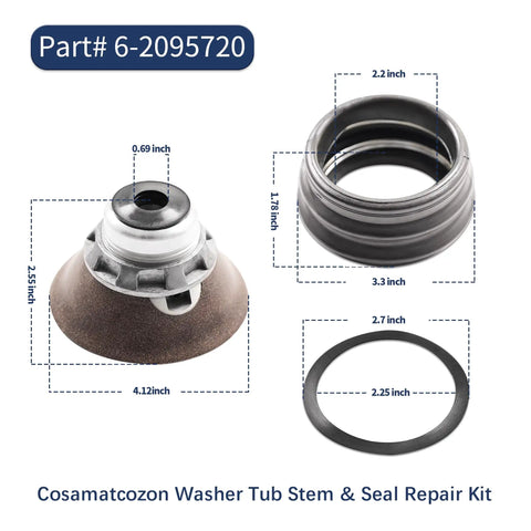Washer Tub Stem and Seal Repair Kit With Hub Assembly and Spanner Nut for Maytag, JennAir, Admiral, and Whirlpool dimensions shown