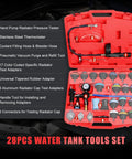 Radiator Coolant Pressure Tester Kit With Vacuum Refill Tool And 28 Piece Adapters For Cars And Trucks Pro Grade Automotive Cooling System Leak Test And Pneumatic Purge Fill Set With Universal Testing Caps, tools displayed in a red case.