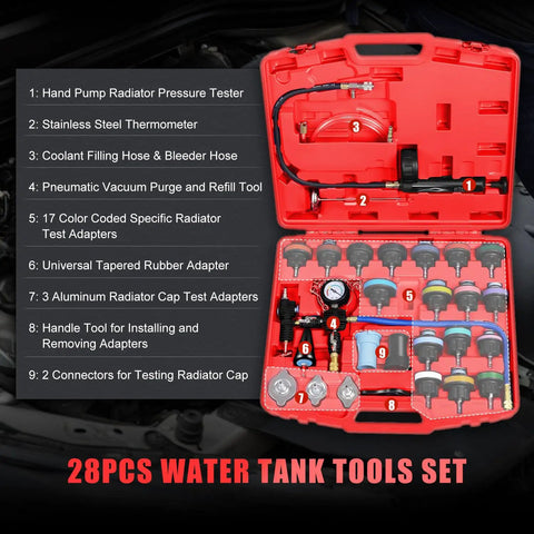 Radiator Coolant Pressure Tester Kit With Vacuum Refill Tool And 28 Piece Adapters For Cars And Trucks Pro Grade Automotive Cooling System Leak Test And Pneumatic Purge Fill Set With Universal Testing Caps, tools displayed in a red case.