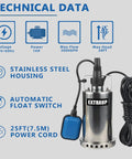 1HP 3000 GPH Stainless Steel Submersible Clean Water Transfer Pump Heavy Duty With Float Switch For Pools Ponds And Basement Flood Sump Pump 115V 60Hz 750W 28ft Cord 1 Inch And 1 Quarter Inch Discharge shown with technical data.