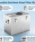 All-In-One Pond Waterfall Kit With LED Light, 18-Inch Stainless Steel Spillway, showing durable stainless steel filter box.