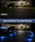 Before and after view of driveway with Solar Dock Lights Outdoor 12 Pack Waterproof LED Pathway Lights Dual Color Blue glowing