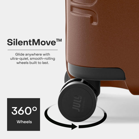 Amazon July Carry On Max expandable brown rolling luggage wheel close-up with 360° SilentMove wheels