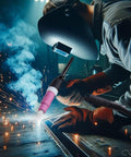 Welder using Pro Grade 150 Amp Industrial TIG Torch with textured grip handle and 12.5 foot cable in workshop setting
