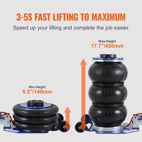 Heavy Duty Three Ton Air Jack With Triple Bag Design And Six Steel Pipes Delivers Rock Solid Stability For Lightning Fast 6600 Pound Car Lifts Under Five Seconds With Comfort Swing Handles