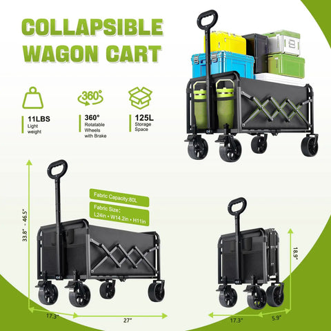 All Terrain Folding Wagon Cart With Brakes 360 Lb Heavy Duty Portable Lightweight Wagon For Sports Groceries Camping Fishing And Gardening One Step Folding With Built In Pull Cord Compact Storage 11 Lb Cart showing capacity and dimensions.