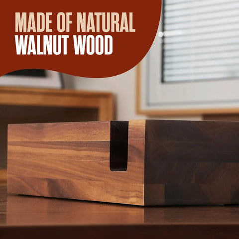 Close-up view of brown finish Home Barista Espresso Accessories Set featuring natural walnut wood knock box design.