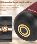 Smart Self Heating Coffee Mug With Precise Temperature Control And Marathon Battery Life close-up of gold-coating ring and charger contact.