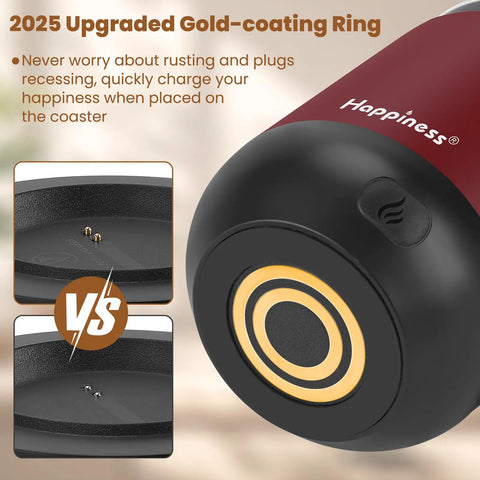 Smart Self Heating Coffee Mug With Precise Temperature Control And Marathon Battery Life close-up of gold-coating ring and charger contact.