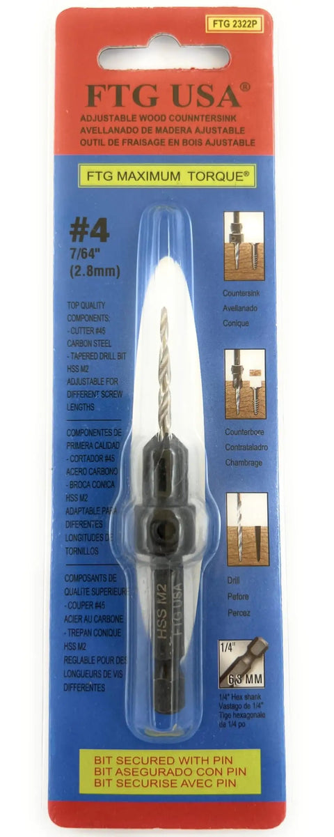 Pro Shop Ready Number 4 Adjustable Tapered Wood Countersink Drill Bit Forged From Rock Hard HSS M2 High Speed Steel with packaging