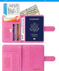 Open pink passport holder wallet with RFID blocking leather card case, showing passport, cards, and cash slots, slim yet spacious.