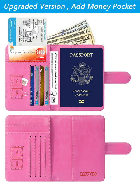 Open pink passport holder wallet with RFID blocking leather card case, showing passport, cards, and cash slots, slim yet spacious.